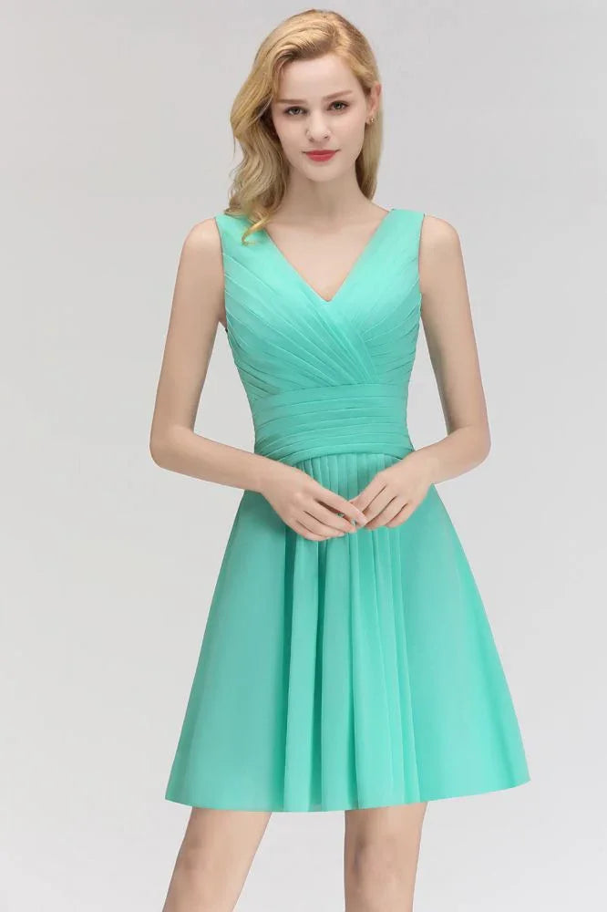 Klassisches V-Ausschnitt Blumenkleid Minilänge Cocktailkleid Ärmelloses Chiffon Kniehohes Ballkleid