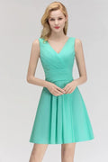 Klassisches V-Ausschnitt Blumenkleid Minilänge Cocktailkleid Ärmelloses Chiffon Kniehohes Ballkleid