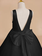 NumberSea - Classic White A - line Sleeveless Satin and Tulle Flower Girl Dress