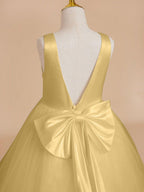 NumberSea - Classic White A - line Sleeveless Satin and Tulle Flower Girl Dress
