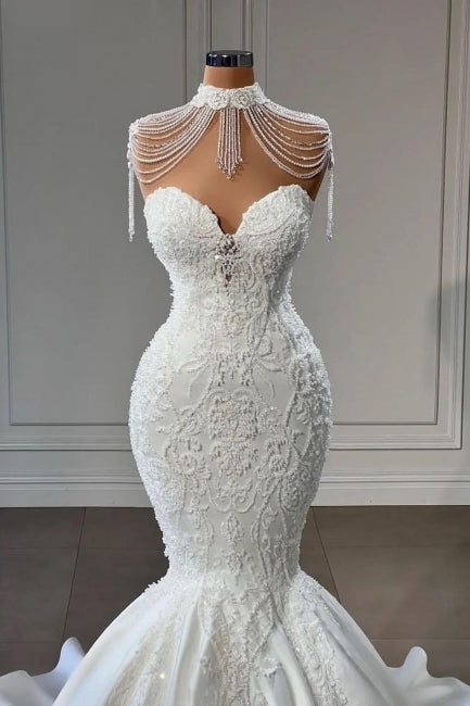 Elegante Applikationen Spitze Quaste Herzausschnitt Ärmellos Kapelle Meerjungfrau Hochzeitskleider