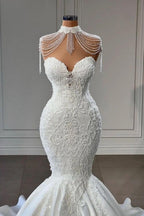 Elegante Applikationen Spitze Quaste Herzausschnitt Ärmellos Kapelle Meerjungfrau Hochzeitskleider