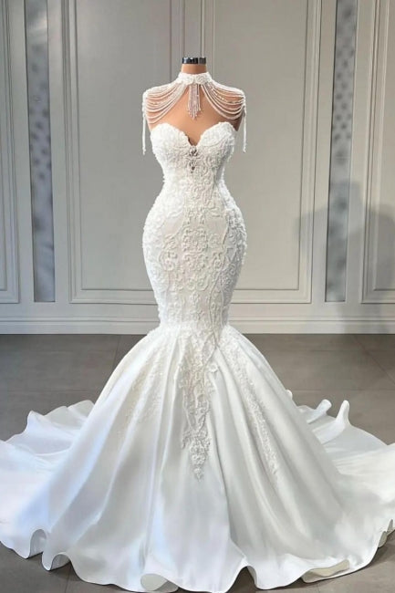 Elegante Applikationen Spitze Quaste Herzausschnitt Ärmellos Kapelle Meerjungfrau Hochzeitskleider