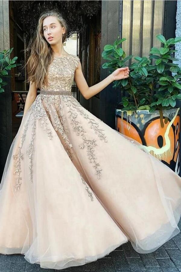 Classy Long A-line Bateau Appliques Lace Tulle Backless Prom Dress