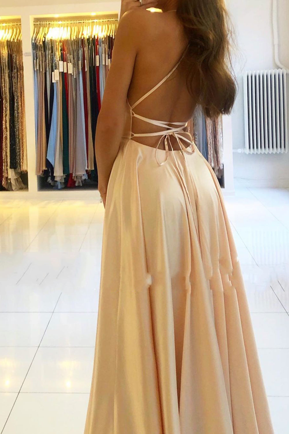 Classy Long A-line Satin Open Back Prom Dress with Slit