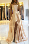 Elegante Abito da Ballo Lungo a Linea A in Satin con Schiena Aperta e Spacco