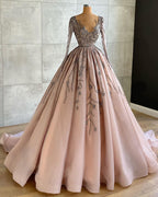 Classy Long A-line V-neck Beading Tulle Prom Dress with Sleeves
