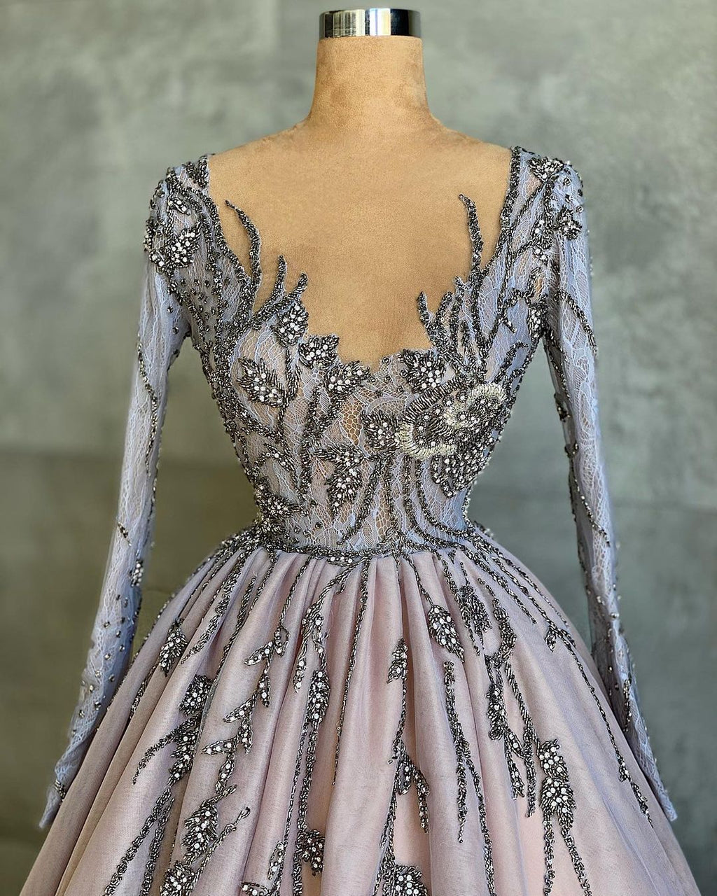 Classy Long A-line V-neck Beading Tulle Prom Dress with Sleeves