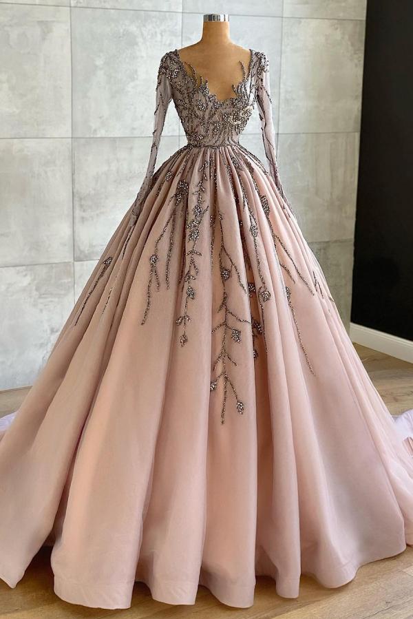 Classy Long A-line V-neck Beading Tulle Prom Dress with Sleeves