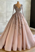 Classy Long A-line V-neck Beading Tulle Prom Dress with Sleeves