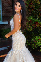 Classy Long Mermaid Backless Appliques Lace Tulle Prom Dress