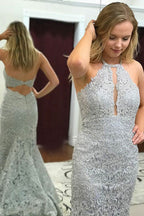Classy Long Mermaid Halter Lace Prom Dresses