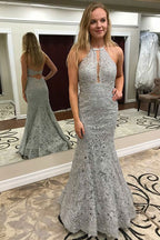 Classy Long Mermaid Halter Lace Prom Dresses