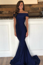 Classy Long Mermaid Off-the-shoulder Backless Dark Navy Prom Dress