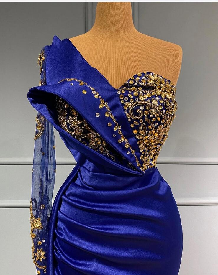 Classy Long Mermaid One Shoulder Royal Blue Prom Dress With Side Train