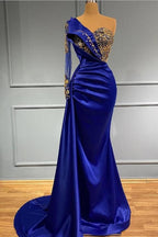 Classy Long Mermaid One Shoulder Royal Blue Prom Dress With Side Train