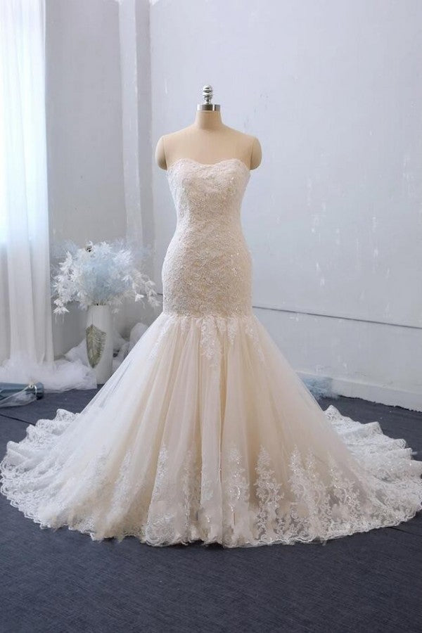 Elegantes langes Meerjungfrau-Sweetheart-Rückenfreies Applikations-Spitzen-Tüll-Brautkleid