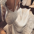 Elegantes Langarm-Süßherz-Applikationen-Spitzen-Meerjungfrauen-Brautkleid mit Tüll-Rüschen