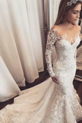 Elegantes Langarm-Süßherz-Applikationen-Spitzen-Meerjungfrauen-Brautkleid mit Tüll-Rüschen