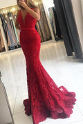 Vestido Largo de Gala Clásico de Sirena con Escote en V, Tirantes Anchos y Encaje de Tul