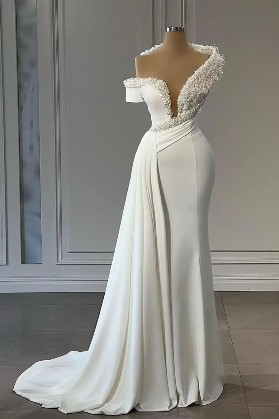 Elegantes V-Ausschnitt Trägerlos Perlenbesetztes Ärmelloses Meerjungfrau Brautkleid