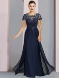 Etuikleid/Säulenkleid für die Mutter der Braut, formell, luxuriös, elegant, U-Ausschnitt, bodenlang, Chiffon, Spitze, kurze Ärmel mit Pailletten-Applikationen