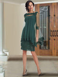 Zweiteiliges Etuikleid/Säulenkleid für die Brautmutter, elegantes Wickelkleid inklusive, quadratischer Ausschnitt, knielang, Chiffon, Spitze, halbe Ärmel mit Applikationen