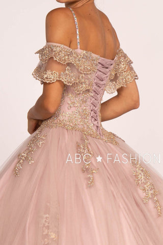 A-Linien-Ballkleid mit schulterfreien Ärmeln und goldener Applikation von Elizabeth K GL2510