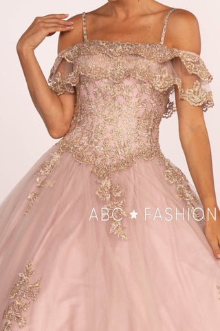 A-Linien-Ballkleid mit schulterfreien Ärmeln und goldener Applikation von Elizabeth K GL2510