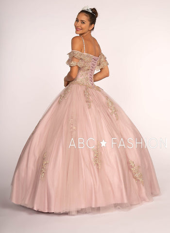 A-Linien-Ballkleid mit schulterfreien Ärmeln und goldener Applikation von Elizabeth K GL2510