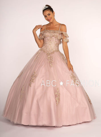 A-Linien-Ballkleid mit schulterfreien Ärmeln und goldener Applikation von Elizabeth K GL2510