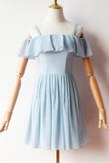 Robe de bal courte à manches froides en mousseline bleue pour le bal de fin d'année PD427