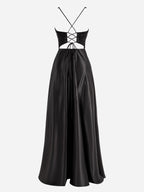 Colette | Black A-Line V-Neck Satin Prom Dress with Slit