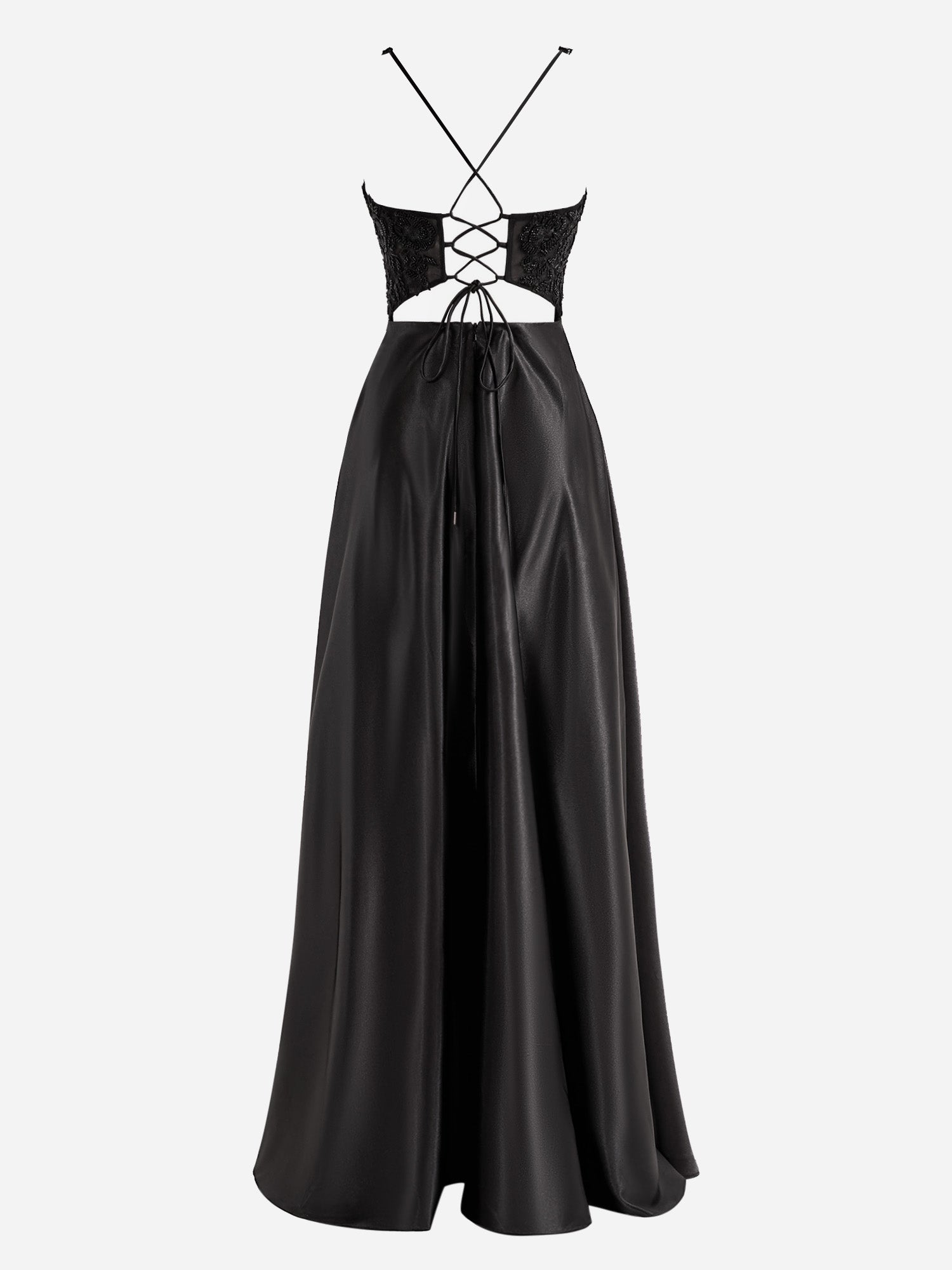 Colette | Black A-Line V-Neck Satin Prom Dress with Slit