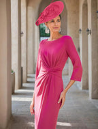 Vestido de mãe da noiva elegante com decote em v e comprimento até ao tornozelo, tecido elástico, meia manga