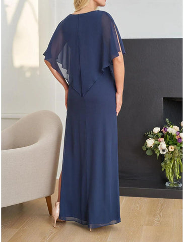 Elegantes, säulenförmiges, formelles Hochzeitsgastkleid mit V-Ausschnitt, bodenlangem Chiffon und halben Ärmeln und Perlenstickerei