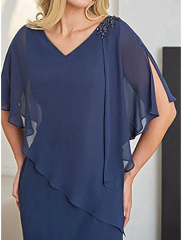 Elegantes, säulenförmiges, formelles Hochzeitsgastkleid mit V-Ausschnitt, bodenlangem Chiffon und halben Ärmeln und Perlenstickerei