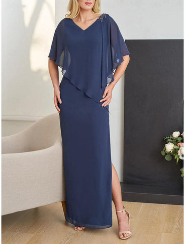 Elegantes, säulenförmiges, formelles Hochzeitsgastkleid mit V-Ausschnitt, bodenlangem Chiffon und halben Ärmeln und Perlenstickerei
