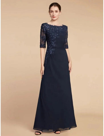 Elegantes, säulenförmiges Kleid für Hochzeitsgäste mit U-Ausschnitt und knöchellanger Chiffon-Spitze, halbe Ärmel mit Pailletten, einfarbig