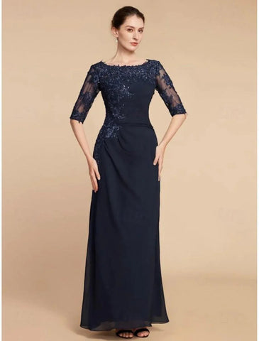 Elegantes, säulenförmiges Kleid für Hochzeitsgäste mit U-Ausschnitt und knöchellanger Chiffon-Spitze, halbe Ärmel mit Pailletten, einfarbig