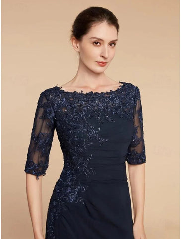 Elegantes, säulenförmiges Kleid für Hochzeitsgäste mit U-Ausschnitt und knöchellanger Chiffon-Spitze, halbe Ärmel mit Pailletten, einfarbig