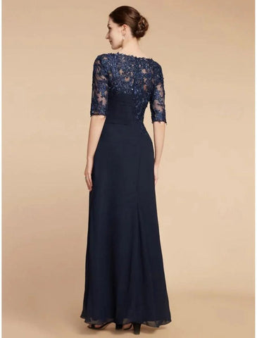 Elegantes, säulenförmiges Kleid für Hochzeitsgäste mit U-Ausschnitt und knöchellanger Chiffon-Spitze, halbe Ärmel mit Pailletten, einfarbig