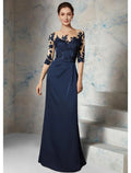 Säulenförmiges Hochzeitsgastkleid, elegant, schlicht, mit Rundhalsausschnitt, bodenlang, Chiffon, 3/4-Ärmel, mit Applikationen, für die Mutter der Braut