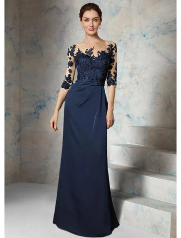 Säulenförmiges Hochzeitsgastkleid, elegant, schlicht, mit Rundhalsausschnitt, bodenlang, Chiffon, 3/4-Ärmel, mit Applikationen, für die Mutter der Braut