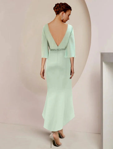 Meerjungfrau/Trompete Kleid für die Mutter der Braut, Hochzeitsgast, Party, elegant, U-Ausschnitt, knielang, Stretch-Chiffon, 3/4-Ärmel mit Perlen