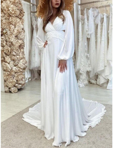 Formelle Brautkleider Etui-Linie V-Ausschnitt Langarm Hofschleppe Chiffon Brautkleider mit Falten Volltonfarbe