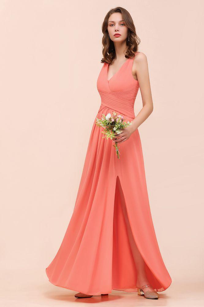 Coral Beach Bridesmaid Dress Front Split Wedding Party Dress