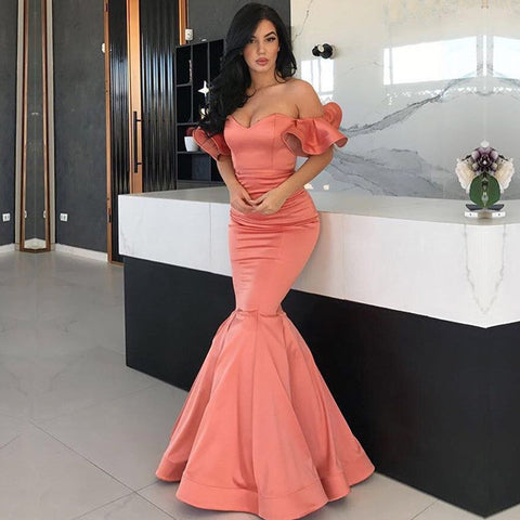 Off the Shoulder Long Mermaid Satin Formal Prom Dress