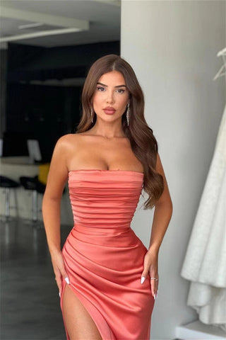 Dark Green Long Strapless Mermaid Satin Evening Dress with Split