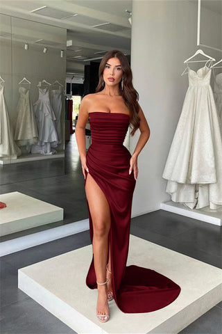 Dark Green Long Strapless Mermaid Satin Evening Dress with Split
